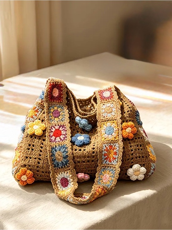Homemade Handbags - Handmade Crochet Shoulder Bag in Brown with Multicolor Flowers